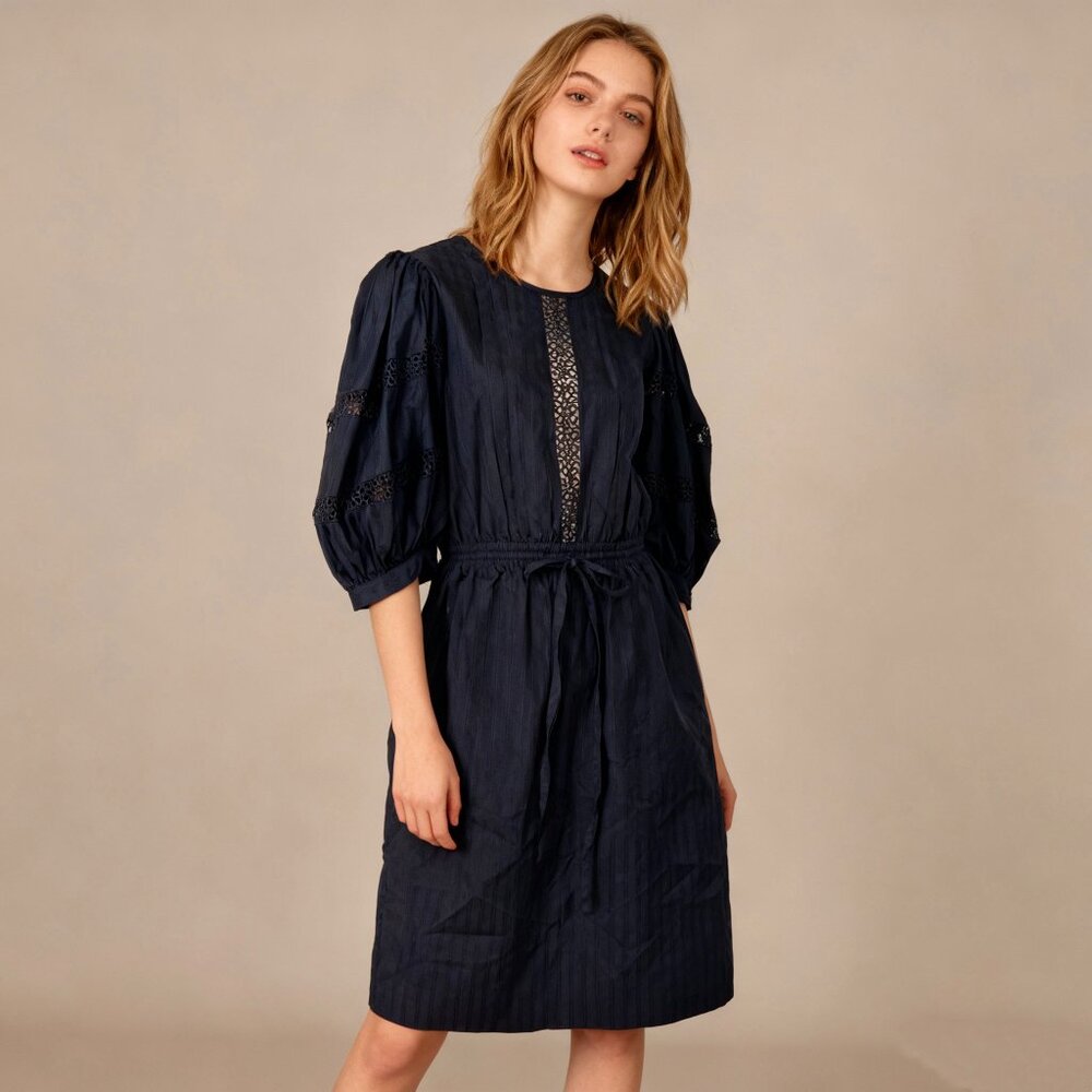 $455 SEE BY CHLOÉ Women’s Puff Sleeve Black Lace Embroidery Shirt Dress Size 40